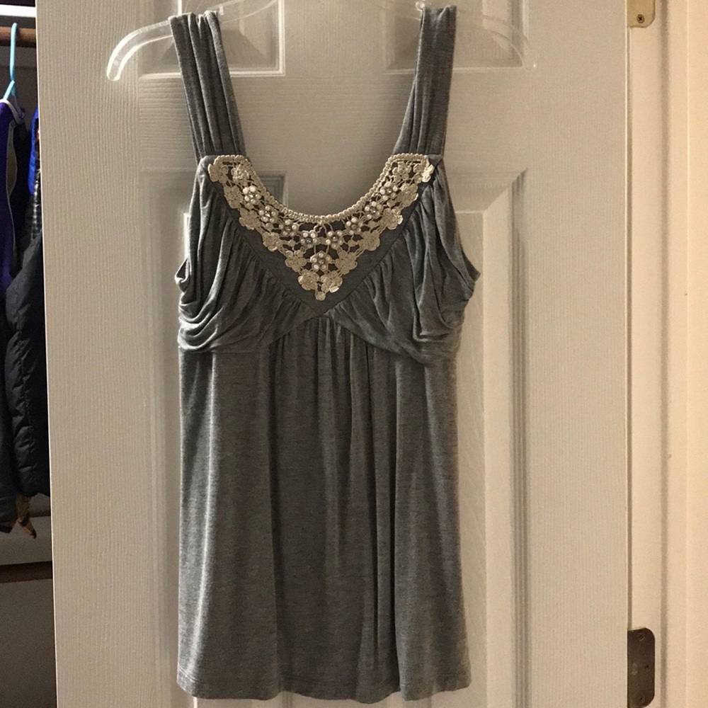 Knit tank with lace and pearl front detail.